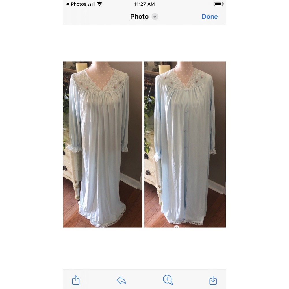 Vtg Shadowline Peignoir Set Robe & Gown Blue W/Lace Rosettes Full Length Women M